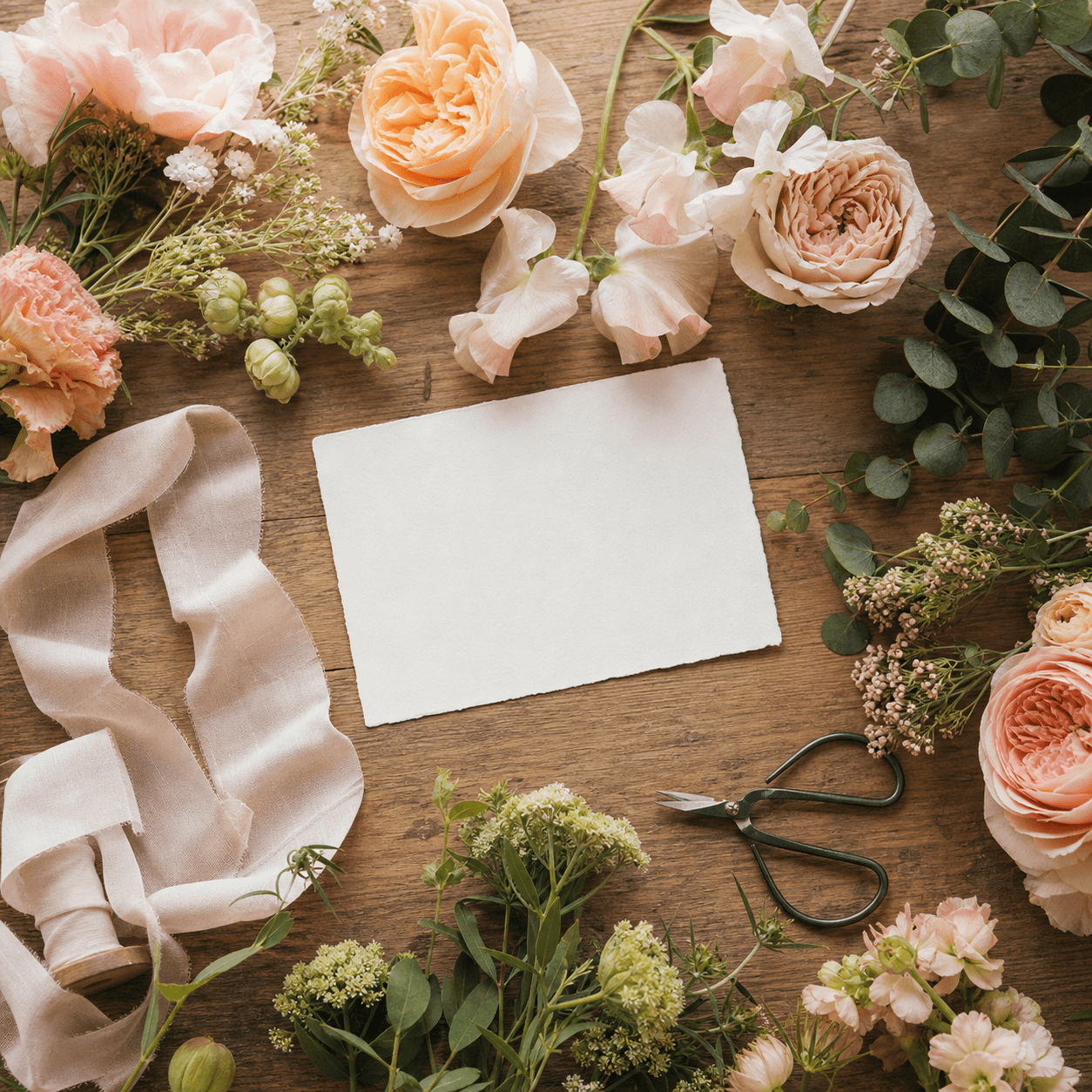 Seasonal flowers and florist tools across the Petal House worktable