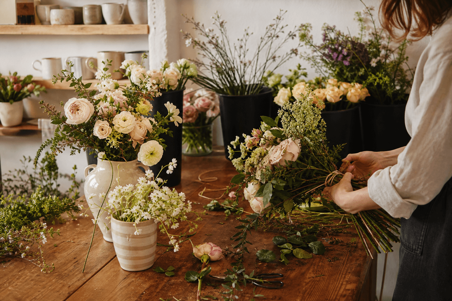 Flowers being tied by hand inside the Petal House studio